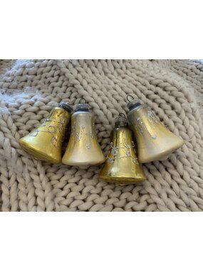 Vintage 4 Glass Bells West Germany Christmas Ornaments Decorated Gold